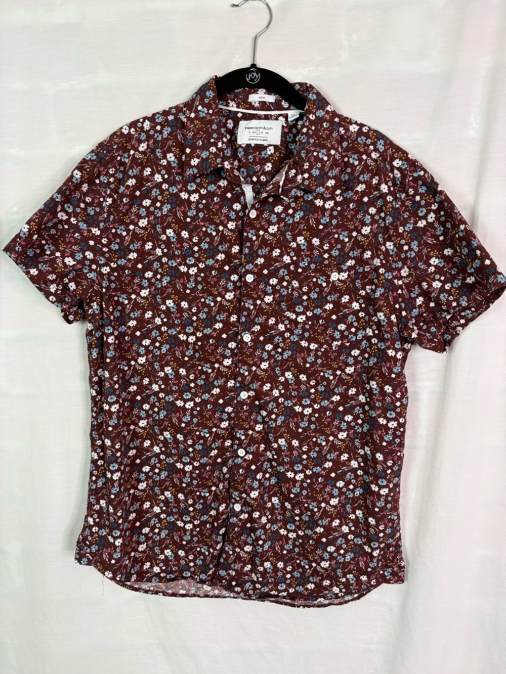 Paper Denim & Cloth Slim Short Sleeve Burgundy Floral Button Up Shirt Lg